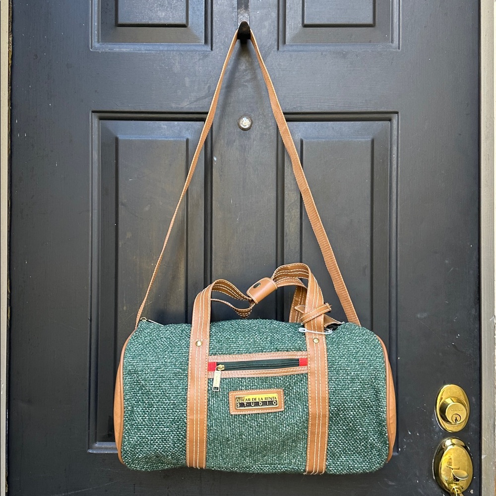 Oscar de La Renta Studio small duffel green tweed with tan straps & luggage tag